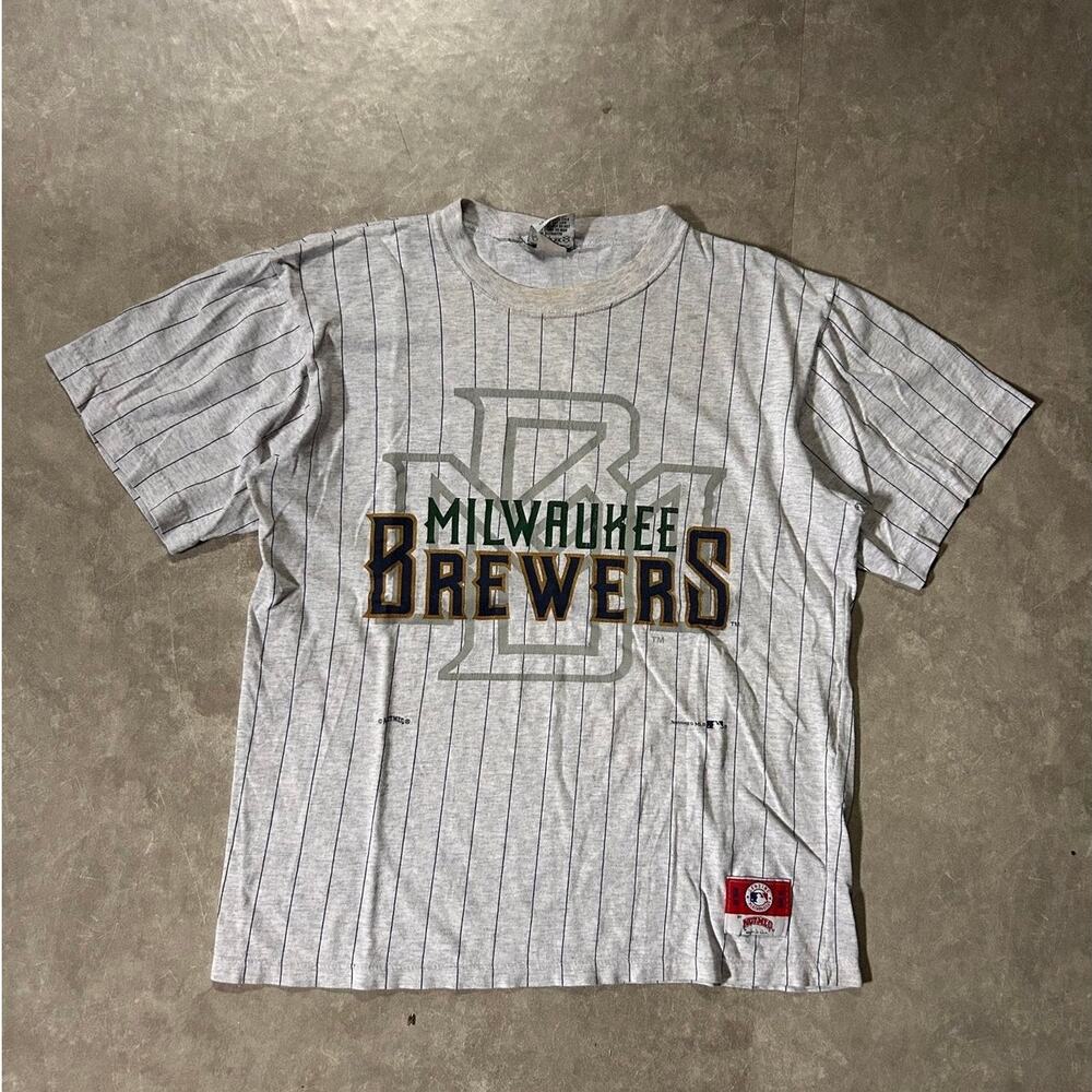 90's Vintage Milwaukee Brewers Pinstripe Heather Grey T-Shirt -M